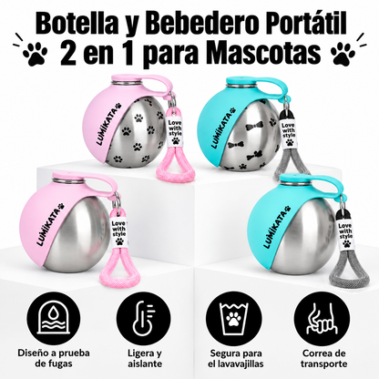 Botella de Agua Portátil 2 en 1 para Perros - 10Oz de Acero Inoxidable que sirve como comedero y bebedero, a prueba de fugas, ideal para paseos largos con tu mejor amigo.