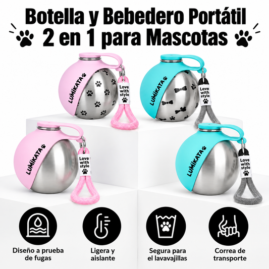 Botella de Agua Portátil 2 en 1 para Perros - 10Oz de Acero Inoxidable que sirve como comedero y bebedero, a prueba de fugas, ideal para paseos largos con tu mejor amigo.