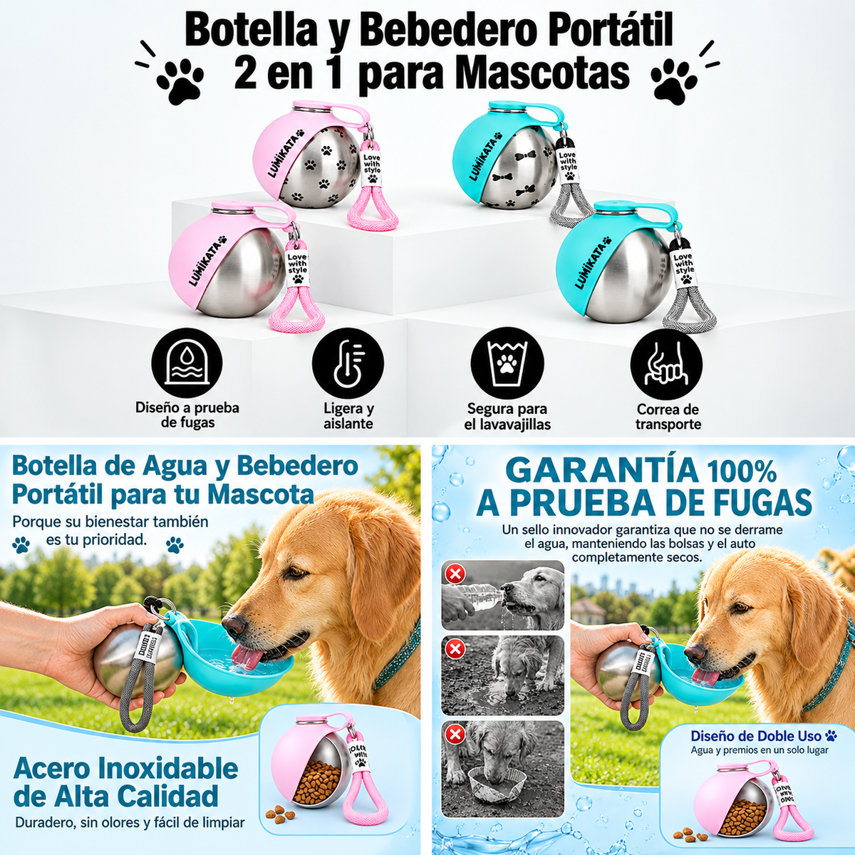 Botella de Agua Portátil 2 en 1 para Perros - 10Oz de Acero Inoxidable que sirve como comedero y bebedero, a prueba de fugas, ideal para paseos largos con tu mejor amigo.