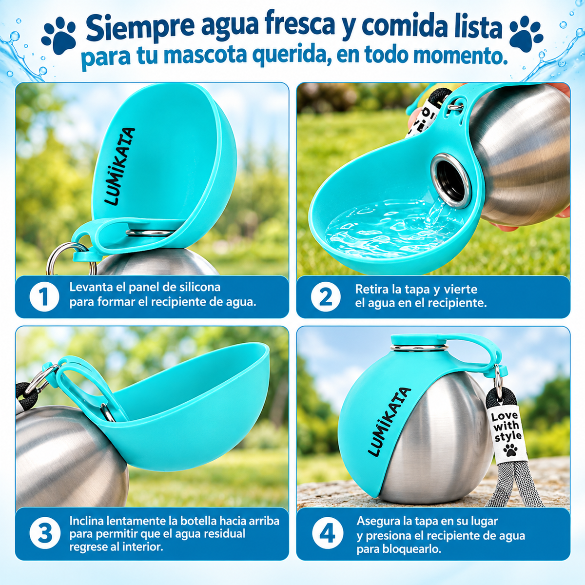 Botella de Agua Portátil 2 en 1 para Perros - 10Oz de Acero Inoxidable que sirve como comedero y bebedero, a prueba de fugas, ideal para paseos largos con tu mejor amigo.