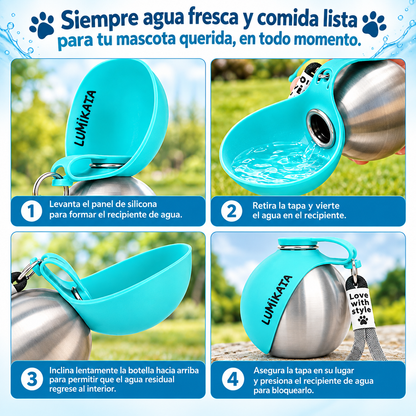 Botella de Agua Portátil 2 en 1 para Perros - 10Oz de Acero Inoxidable que sirve como comedero y bebedero, a prueba de fugas, ideal para paseos largos con tu mejor amigo.