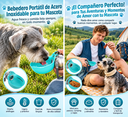 Botella de Agua Portátil 2 en 1 para Perros - 10Oz de Acero Inoxidable que sirve como comedero y bebedero, a prueba de fugas, ideal para paseos largos con tu mejor amigo.